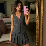 Button Front Pleated Mini Dress Tailored Sleeveless Dress