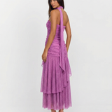 One Shoulder Pleated Maxi Dress with Draped Waist
