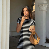 Striped Ribbed Mini Dress Casual Slim Fit