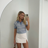 Vintage Striped Short Sleeve Women Polo Shirt
