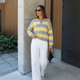 Women Striped Knit Polo Sweater Casual Relaxed Fit