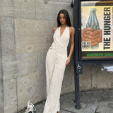 Polka Dot Halter Wide Leg Jumpsuit Elegant Style