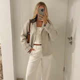 Textured Button Front Jacket with Contrast Collar