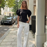 Puff Sleeve Asymmetric Knit Top with Modern Fit