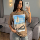 Oversized Graphic T Shirt with Retro Travel Print