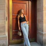 High Waist Wide Leg Denim Jeans with Side Button Detail