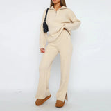 Elegant Ribbed Lounge Set with Half-Zip Top and Flared Trousers