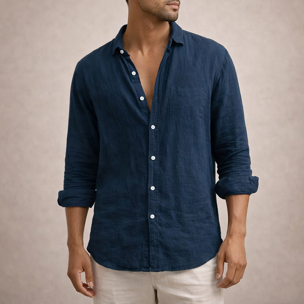 Orizelle | Men's Linen Shirt Long Sleeve Regular Fit - Open Collar Lightweight Casual Summer