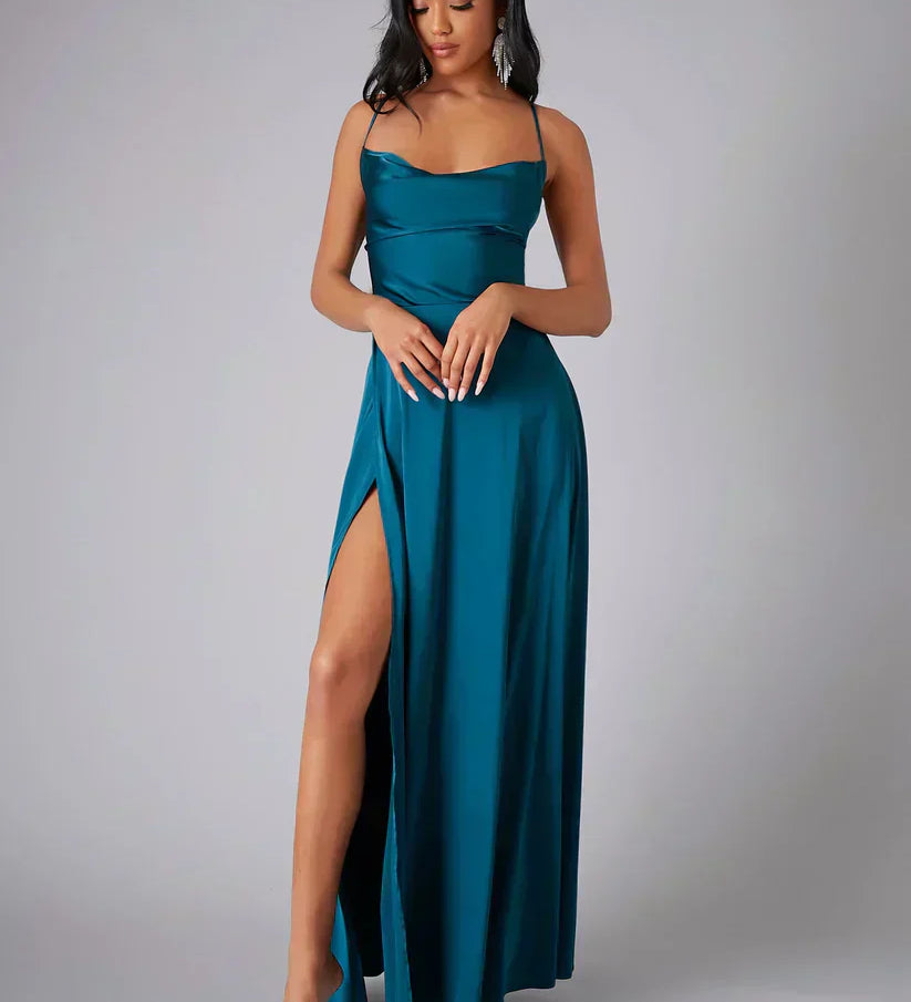 Satin Cowl Neck Maxi Dress with Side Slit