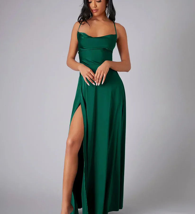 Satin Cowl Neck Maxi Dress with Side Slit