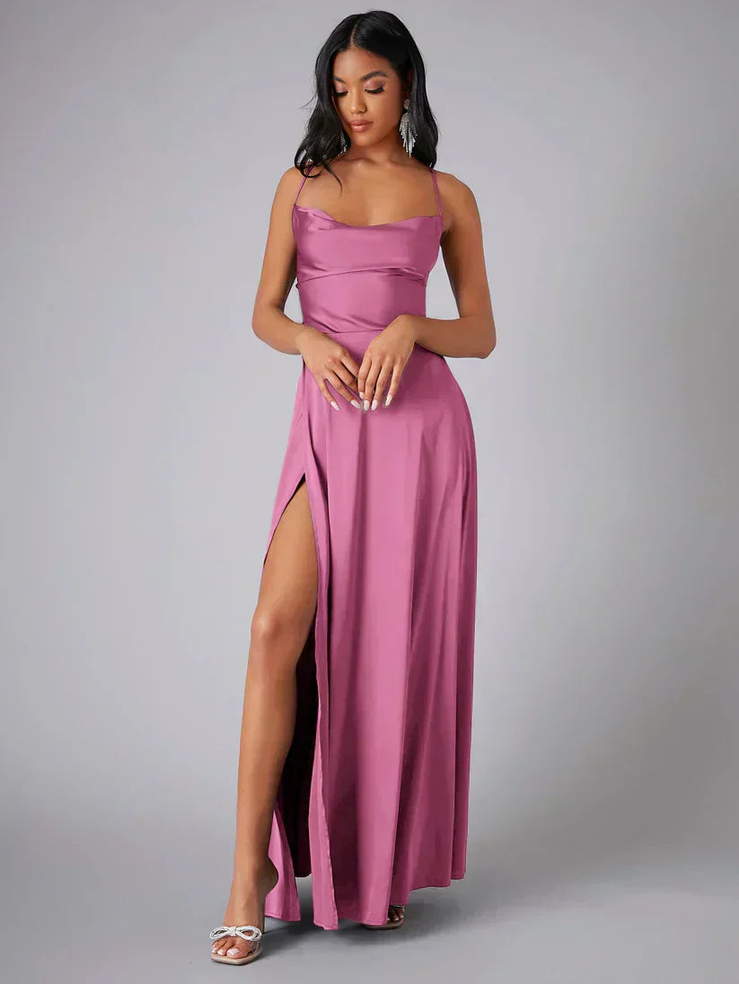 Satin Cowl Neck Maxi Dress with Side Slit