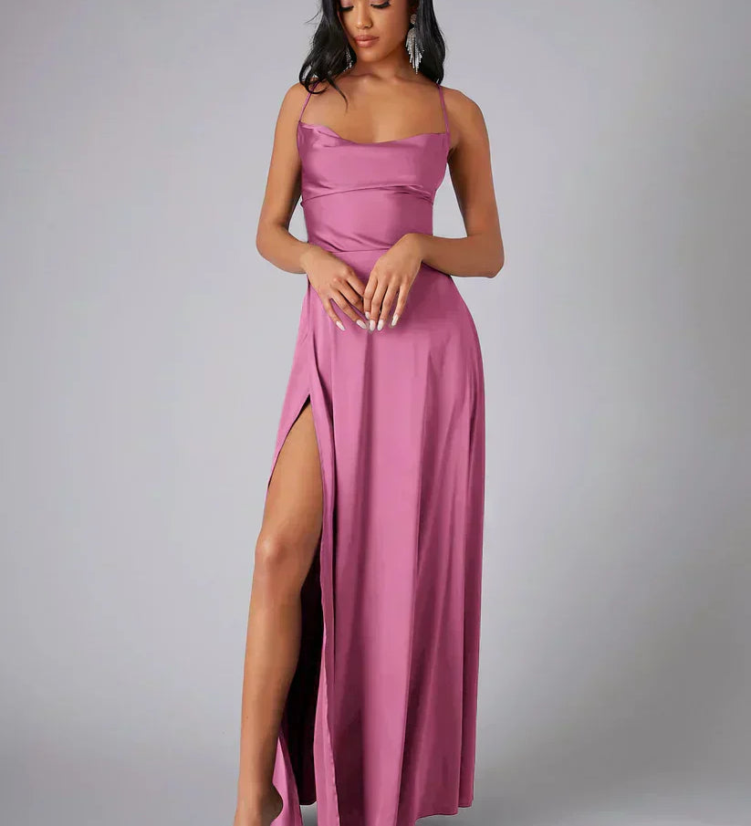 Satin Cowl Neck Maxi Dress with Side Slit