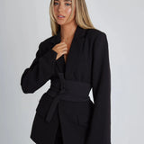 Tailored Belted Blazer with Wide Lapels and Sleek Silhouette