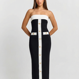 Strapless Contrast Panel Maxi Dress with Button Detail