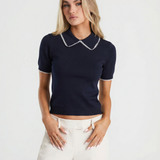 Women Contrast Collar Knit Polo Top Elegant Short Sleeve