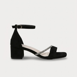 Diamanté Strap Block Heel Sandals — Black Suede