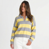 Women Striped Knit Polo Sweater Casual Relaxed Fit