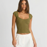 Ribbed Knit Cap Sleeve Top with Square Neck
