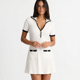 Contrast Trim Zip Front Mini Dress Short Sleeve