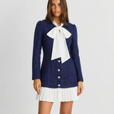 Bow Collar Button Mini Dress Elegant Long Sleeve Dress