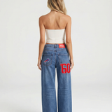 High Waist Wide Leg Denim Jeans with Patch Detail