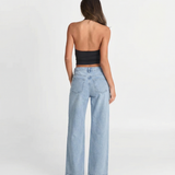 High Waist Wide Leg Denim Jeans with Side Button Detail