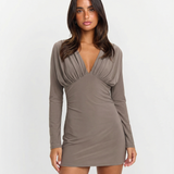 Long Sleeve Ruched Mini Dress with Deep V Neck