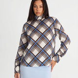 Geometric Print Button Up Blouse with Long Sleeves