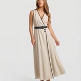 Elegant Sleeveless Pleated Maxi Dress with Belted Waist