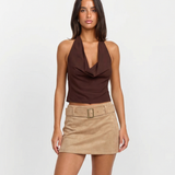 High Waist Suede Mini Skirt With Belt Elegant Casual Style