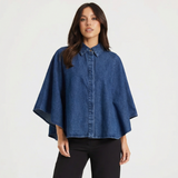 Oversized Denim Cape Shirt with Button Front
