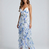 Floral Ruffle Chiffon Maxi Dress — Blue Watercolour