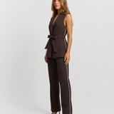 Belted Sleeveless Blazer & Wide-Leg Trouser Set — Chocolate Brown