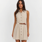 Sleeveless Button Front Mini Shirt Dress with Belt