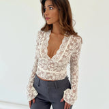 Lace Long Sleeve Crop Top with Scalloped V-Neck