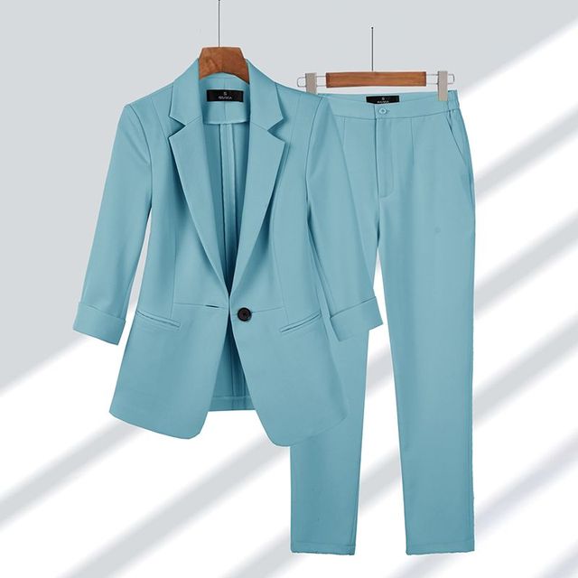 Women's 2-Piece Suit Set - Tailored Single-Button Blazer & Trousers Co-Ord