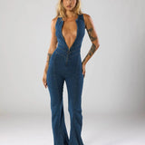 Plunge Neck Fitted Denim Jumpsuit with Flared Legs