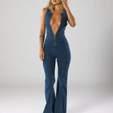 Plunge Neck Fitted Denim Jumpsuit with Flared Legs