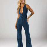 Plunge Neck Fitted Denim Jumpsuit with Flared Legs