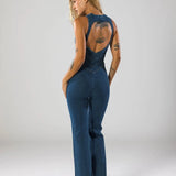 Plunge Neck Fitted Denim Jumpsuit with Flared Legs