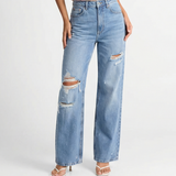 High Waist Distressed Wide Leg Denim Jeans