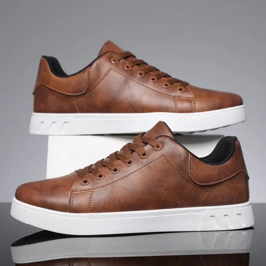 Orizelle | Men's Black Leather-Look Trainers – Casual Low-Top Lace-Up Sneakers with White Sole
