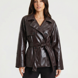 Belted Glossy Faux Leather Jacket with Tailored Fit
