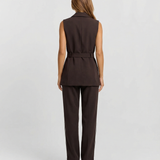 Belted Sleeveless Blazer & Wide-Leg Trouser Set — Chocolate Brown