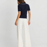 Women Contrast Collar Knit Polo Top Elegant Short Sleeve