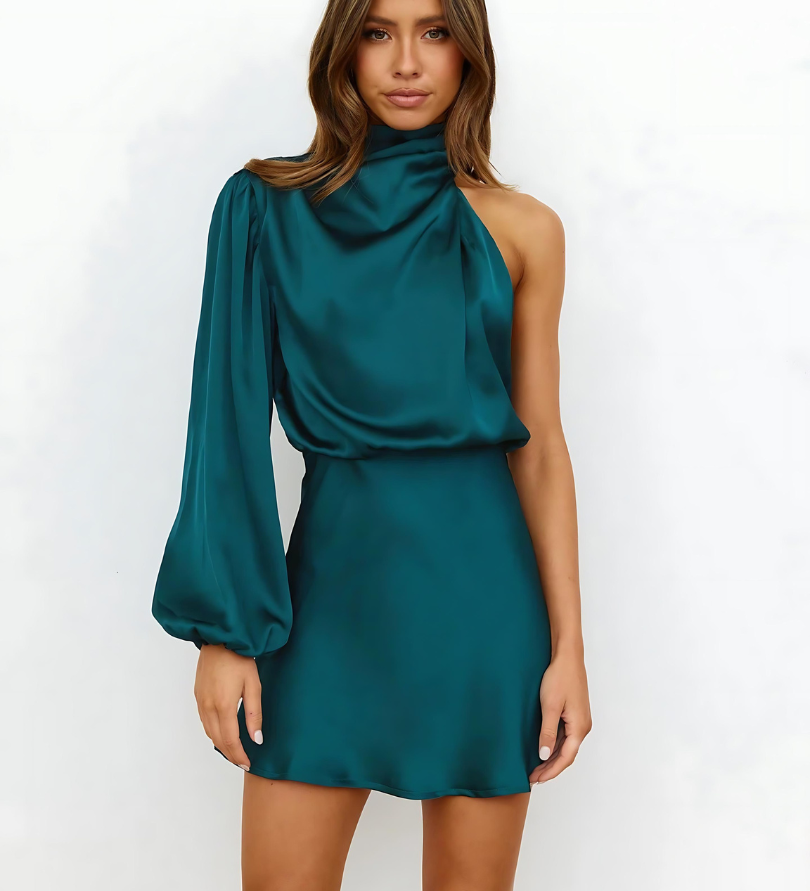 One-Shoulder Satin Mini Dress with Long Sleeve