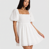 Square Neck Puff Sleeve Mini Dress with Flowy Silhouette