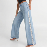 High Waist Wide Leg Denim Jeans with Side Button Detail