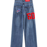 High Waist Wide Leg Denim Jeans with Patch Detail