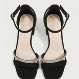 Diamanté Strap Block Heel Sandals — Black Suede
